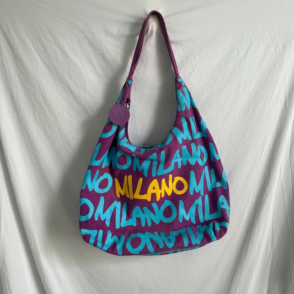 Robin Ruth Milano Purple Canvas Hobo Shoulder Bag Turquoise‎ Script Print Logo